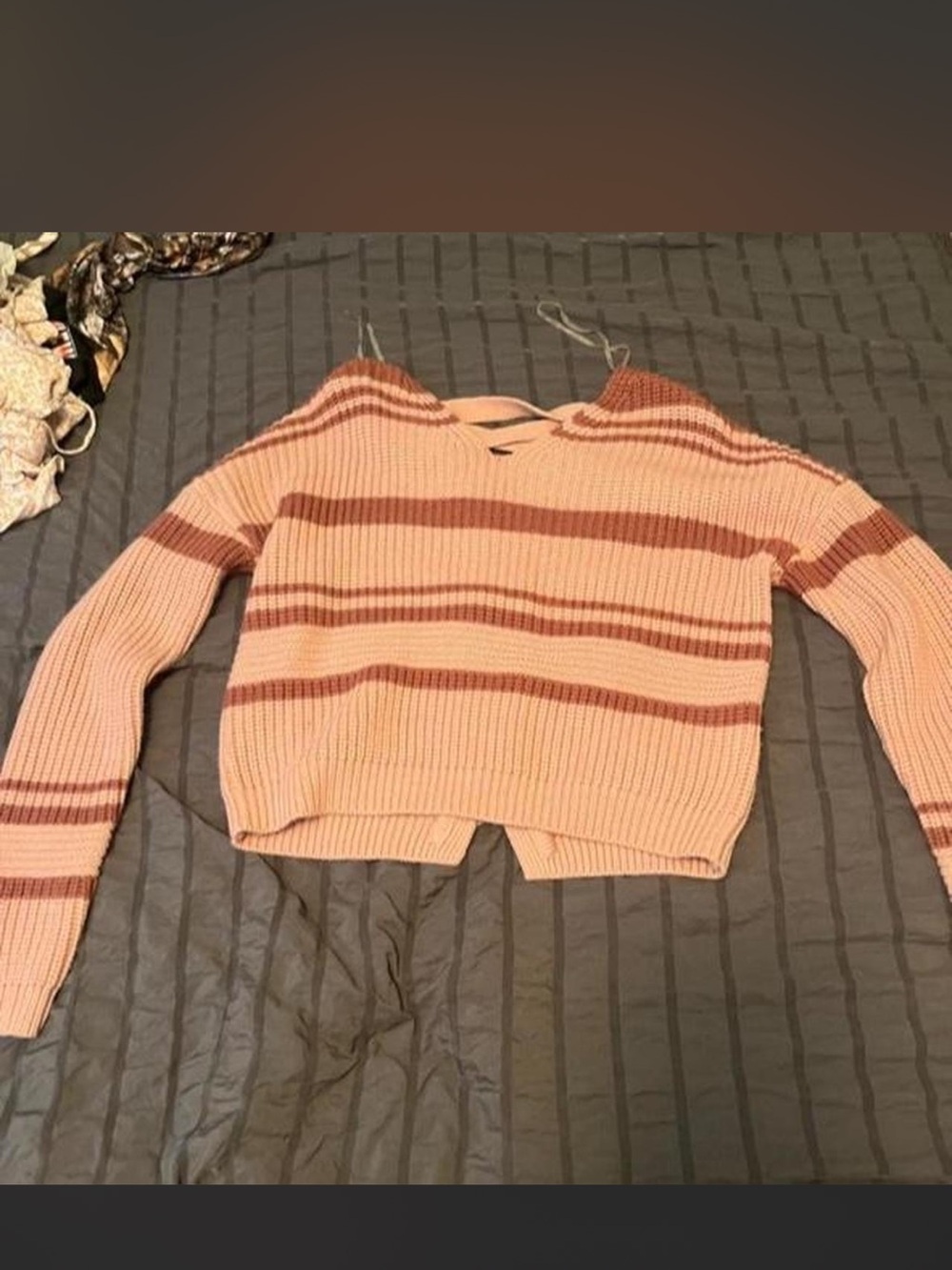 Derek Heart Pink and Rust Stripe Cropped Rib-Knit Crew Sweater